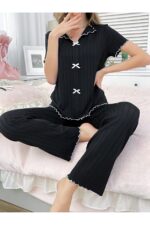 Cotton Black Ribbed Seasonal Women's Pajamas Set - Image 7