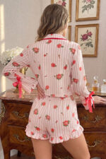 Pink Romantic Rose Patterned Bow Detailed Shorts Pajama Set - Image 5