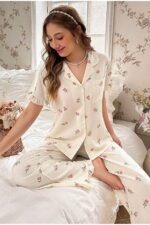 Floral Printed Ruffled Long Pajama Set