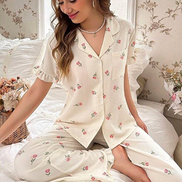 Floral Printed Ruffled Long Pajama Set