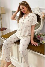 Floral Printed Ruffled Long Pajama Set - Image 2