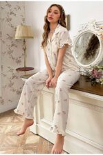 Floral Printed Ruffled Long Pajama Set - Image 3