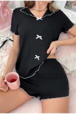 Cotton Bow Detailed Shorts Pajama Set - Image 2