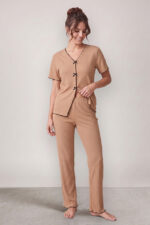 Brown Seasonal V-Neck Cotton Bow Detailed Pajama Set