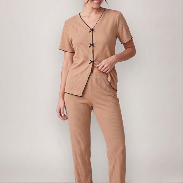 Brown Seasonal V-Neck Cotton Bow Detailed Pajama Set