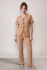 Brown Seasonal V-Neck Cotton Bow Detailed Pajama Set - Image 2