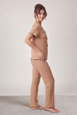 Brown Seasonal V-Neck Cotton Bow Detailed Pajama Set - Image 4