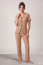 Brown Seasonal V-Neck Cotton Bow Detailed Pajama Set - Image 5