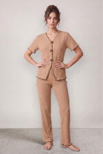 Brown Seasonal V-Neck Cotton Bow Detailed Pajama Set - Image 6