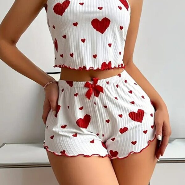 Cotton Rope Strap Heart Patterned Pajamas Set