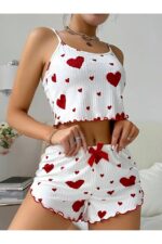 Cotton Rope Strap Heart Patterned Pajamas Set - Image 4