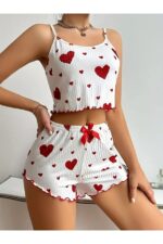 Cotton Rope Strap Heart Patterned Pajamas Set - Image 5