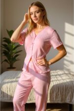 Transitional V-Neck Cotton Bow Detail Pajama Set - Image 2