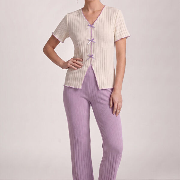Lilac Seasonal V-Neck Cotton Bow Detailed Pajama Set