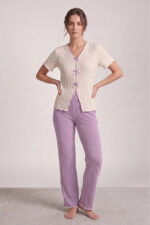Lilac Seasonal V-Neck Cotton Bow Detailed Pajama Set - Image 3