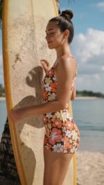 Retro Floral Patterned Backless Shorts Swimsuit - Image 2
