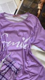 Lilac Plaid Sports Pajamas Set with Shorts - Image 2