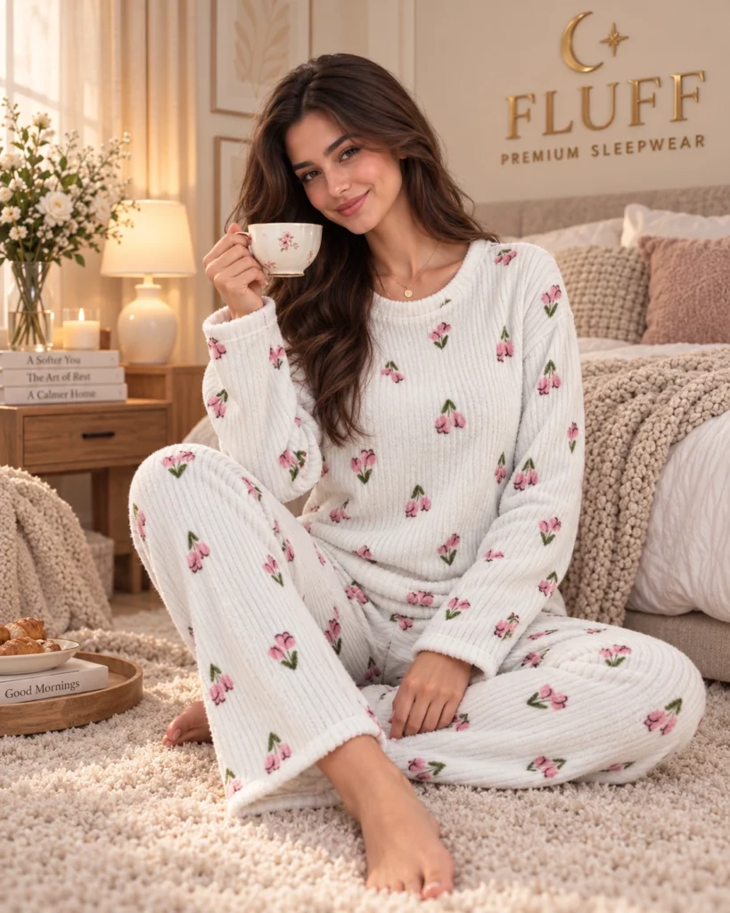 Floral Patterned Ribbed Cotton Long Pajama